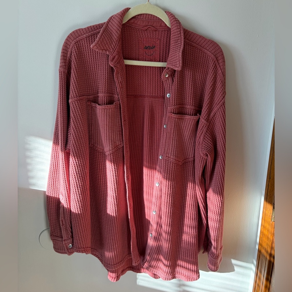 aerie Waffle-Knit Button-Up Shirt Jacket in Dusty Rose